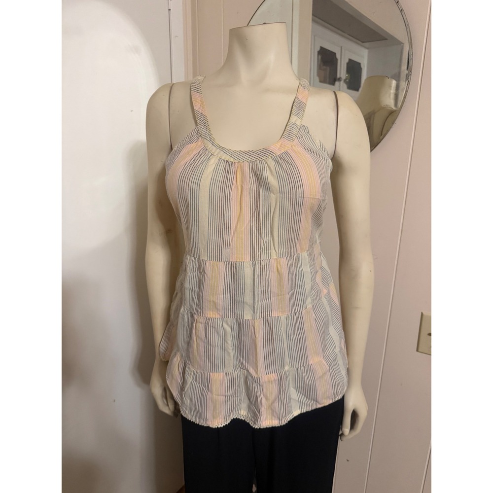 Anthropologie Odille 100%Cotton Striped BabyDoll Tie Back Tiered Tank Size 8